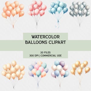 Watercolor Balloons Clipart Bundle – 20 High-Resolution PNGs for Party Invitations, Birthday Decor, Scrapbooking, 300 DPI, Commercial Use