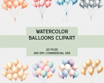 Watercolor Balloons Clipart Bundle: 20 PNG Illustrations (Commercial Use)