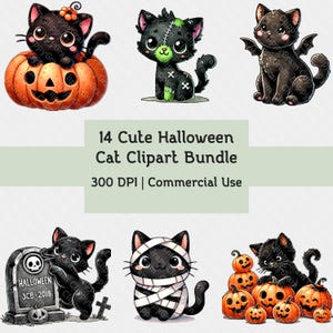 Cute Cartoon Halloween Cats Clipart Bundle | Spooky Cat Stickers | Funny Adorable Pumpkin Animals | PNG | Commercial Use