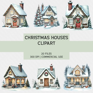 Charming Winter Cottage Clipart – 20 High-Resolution Snowy Houses for Holiday Cards, Decorations, and Scrapbooking, 300 DPI, Commercial Use