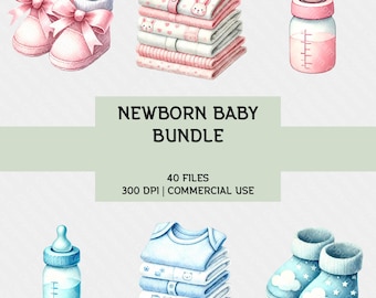 Newborn Baby Clipart Bundle: Pink and Blue Watercolor Baby Shower Graphics (Digital Download)