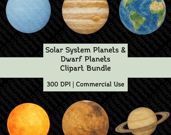 Watercolor Solar System Clipart: Planets & Moons PNG (Digital Download)