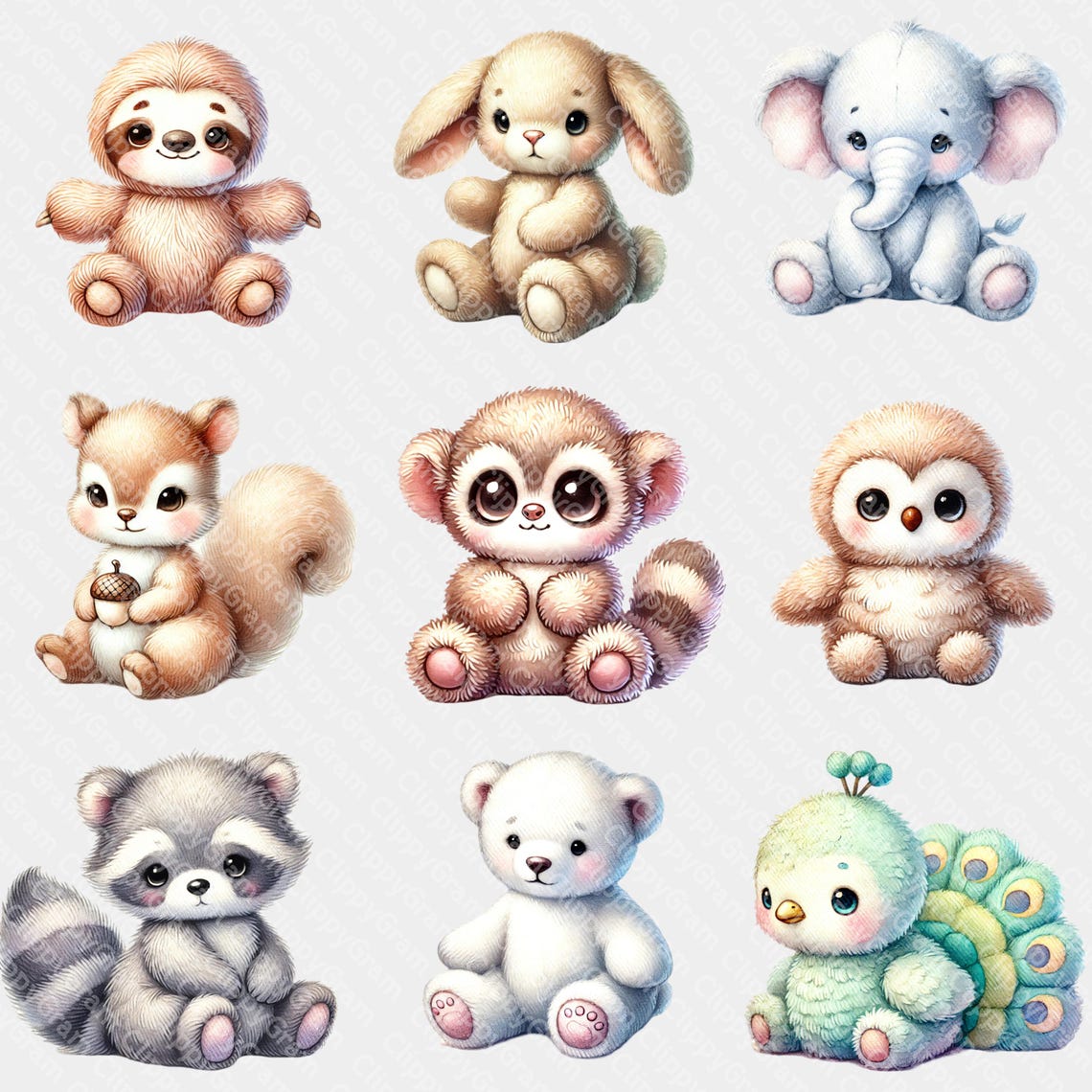 Baby Plush Animals Clipart Bundle – Watercolor Nursery Decor Pngs ...