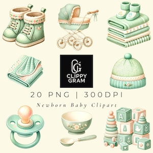 Aquarell-Baby-Cliparts in Grün, Boho-Kinderzimmerkunst (20 PNG)