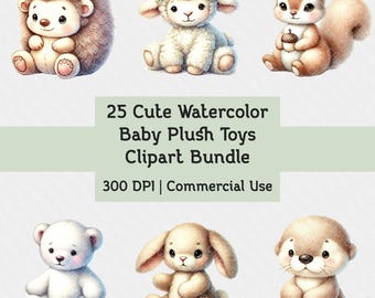 Baby Plush Animals Clipart Bundle – Watercolor Nursery Decor PNGs – Commercial Use, Instant Download
