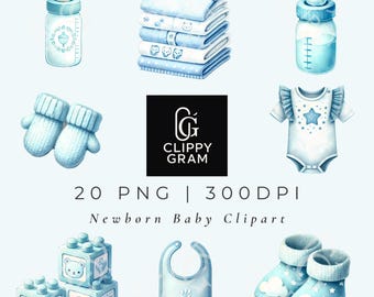 Watercolor Blue Baby Clipart, Newborn Illustrations (PNG Digital Download)