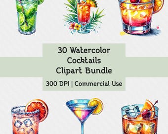 Paquete de imágenes prediseñadas de cócteles en acuarela: 30 ilustraciones PNG (uso comercial)