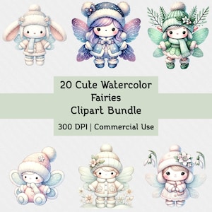 20 Cute Watercolor Fairies Clipart Bundle - Winter Fairy PNG, Digital Download for Scrapbooking & Crafts, 300 DPI Commercial Use