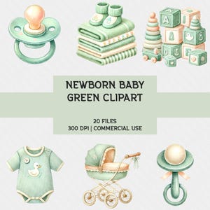 Paquete de imágenes prediseñadas de bebé recién nacido de color verde: 20 archivos de alta resolución, 300 DPI, decoración para baby shower y guardería, uso comercial