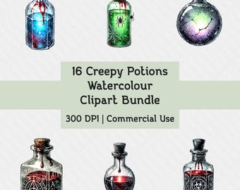 Paquete de imágenes prediseñadas de pociones de bruja: botellas mágicas de acuarela y PNGs espeluznantes de Halloween. Uso comercial, descarga instantánea.