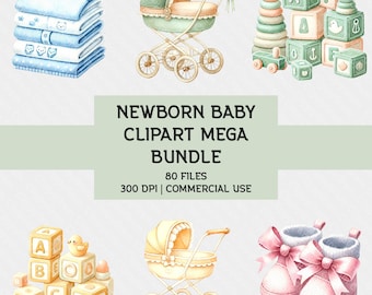 Newborn Baby Clipart Bundle: 80 Baby Shower Designs (Digital Download, Commercail License)
