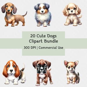 Lot de cliparts chiens | 20 races de chiens mignons imprimable PNG, chiens mignons pour la fabrication de cartes, impression, création de papier, sublimation - usage commercial