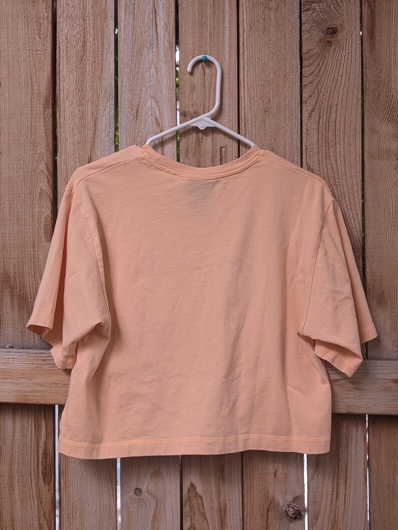 May include: A peach-coloured cropped t-shirt with short sleeves hanging on a white hanger against a wooden background.