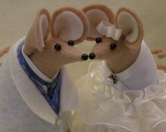 Mr and Mrs Mouse Fancy Wedding Cake Topper of Felt Mice  soft sculpture   decoration