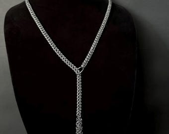 Edelstahl Kettengeflecht Lariat Halskette: Voll Persische Weave, Edgy Alternative Style