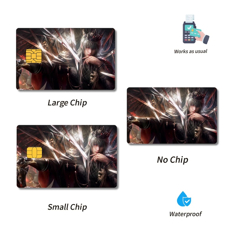 Pu&ograve; includere: Tre adesivi rettangolari per carte di credito con un personaggio in stile anime dai lunghi capelli bianchi e una corona, circondato da lame. Le etichette includono Large Chip, Small Chip, No Chip, Works as usual e Waterproof con icone.