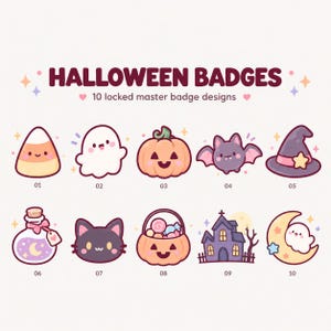 Op de afbeelding: Een set van 10 Halloween-badges met illustraties van candy corn, een spook, een pompoen, een vleermuis, een heksenhoed, een toverdrankflesje, een zwarte kat, een pompoenemmer, een spookhuis en een spook op de maan, met de tekst HALLOWEEN BADGES.