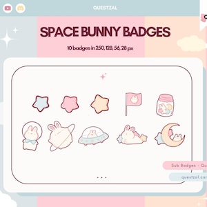 Puede incluir: Una colección de diez "Space Bunny Badges" con varios diseños, incluyendo estrellas, una bandera, un tarro y conejos en temas espaciales. Las insignias son en colores pastel, con el texto "SPACE BUNNY BADGES".
