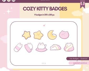 Insignias de suscriptor de Twitch dibujadas a mano; Cozy Kitty, insignias de bits de Twitch, iconos de puntos de canal para Discord y YouTube, lindas insignias femeninas para streaming.