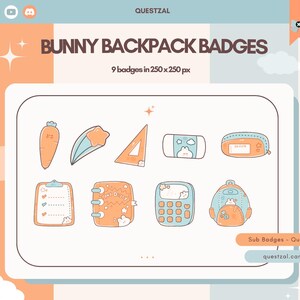May include: Nine bunny backpack badges in a variety of cute designs, including a carrot, star, triangle, pencil case, notebook, calculator, and backpack. The badges are in a 250 x 250 px format. The text "BUNNY BACKPACK BADGES" is displayed.