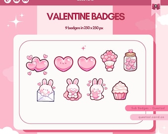 Insignias de suscripción de Twitch; Paquete mediano de San Valentín 01 / Insignias de bits, iconos de puntos de canal para Discord y YouTube