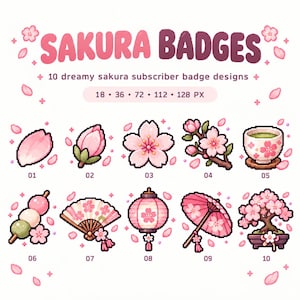 Pode incluir: Uma coleção digital de 10 emblemas pixel art Sakura com motivos de flores de cerejeira rosa. O conjunto inclui ícones de pétalas, botões, flores, uma chávena de chá, dango, um leque, uma lanterna, um guarda-chuva e um bonsai, com o texto SAKURA BADGES.