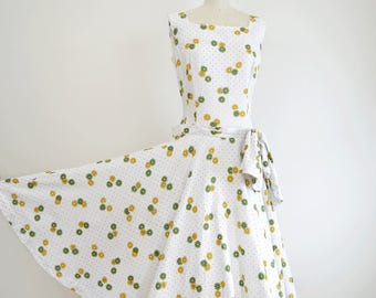 Vintage 1950s Ellen Kaye Party Dress S/M // white polka dot drop waist rhinestone daisy novelty print // 50s circle skirt