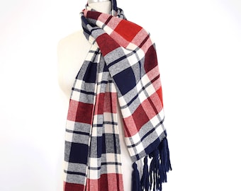 Vintage Large Scarf // 1960s red white blue 60s Wool Rayon Fringed Plaid Wrap by Ben Goodman & Son