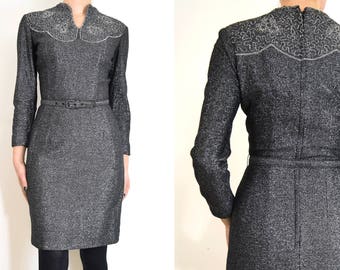 Vintage Metallic XS Dress // extra small long sleeved belted cocktail dress // 1950s 50s 1960s 60s