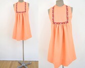 Vintage 70s Peach Mini Dress with Folk Bird Flower Ribbon Trim XXS XS extra small 1970s 60s 1960s empire waist mod orange peach