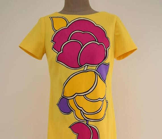 Vintage MOD Applique Yellow Dress XS/S // 1960s 1… - image 3