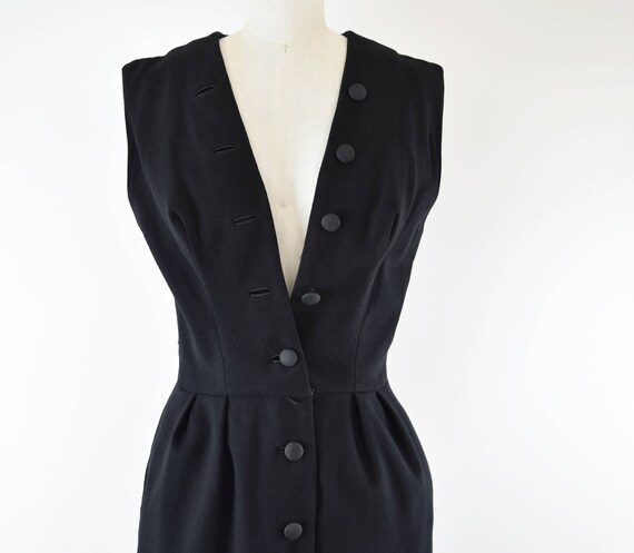 Vintage 1950s Sexy Wool Dress w Pockets S // blac… - image 10