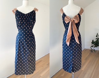 Vintage 50s Dress // small 1950s 1960s S black brown polka dot wiggle huge back bow