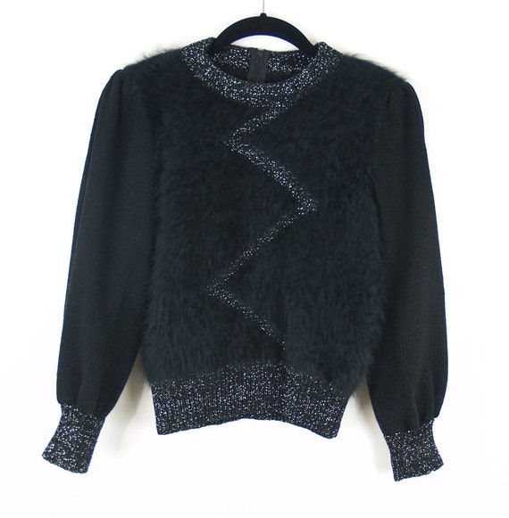 Vintage Zig Zack Black Fur Sweater // 80s XS meta… - image 4