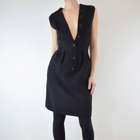 Vintage 1950s Sexy Wool Dress w Pockets S // blac… - image 5