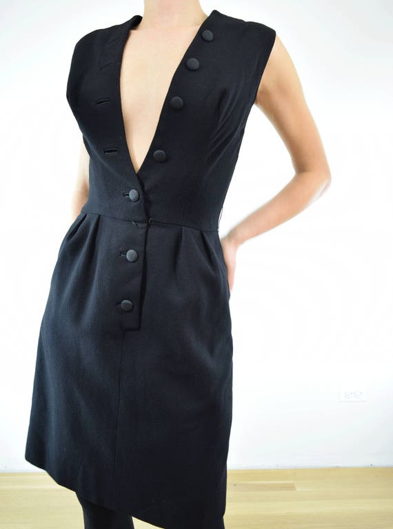 Vintage 1950s Sexy Wool Dress w Pockets S // blac… - image 8