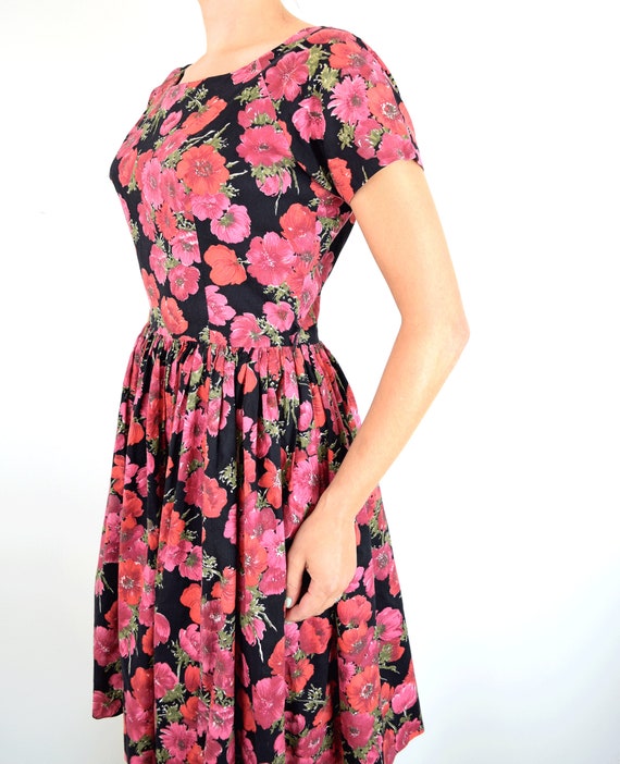 Vintage 1950s Pink and Black Floral Dress XS/S //… - image 6