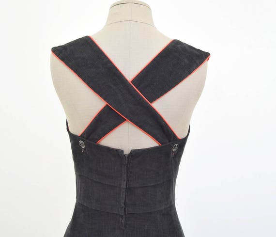 Vintage Black Corduroy Sun Dress with Red Piping … - image 5