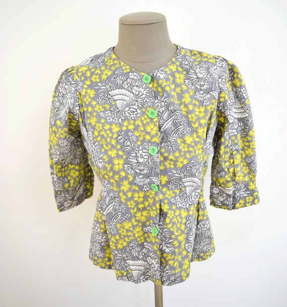 Vintage Yellow Gray 40s Half Sleeve Blouse with Gr