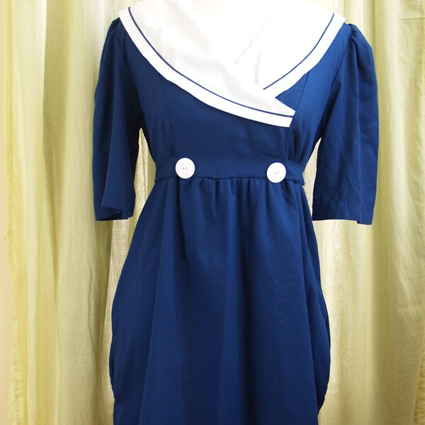 sailor dress S // vintage 80s // puff sleeves; empire waist tie // maternity or not // empire waist tie in back