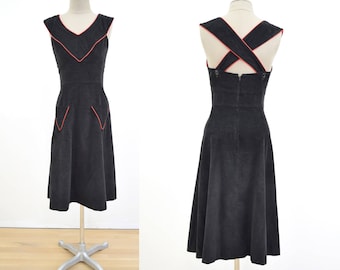 Vintage Black Corduroy Sun Dress with Red Piping S 70s 1970s early 80s cross back with pockets