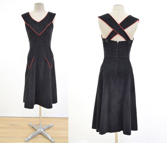 Vintage Black Corduroy Sun Dress with Red Piping … - image 1