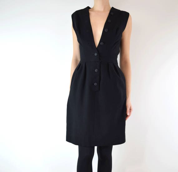 Vintage 1950s Sexy Wool Dress w Pockets S // blac… - image 3