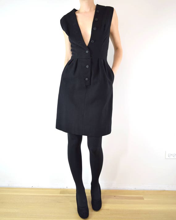 Vintage 1950s Sexy Wool Dress w Pockets S // blac… - image 2