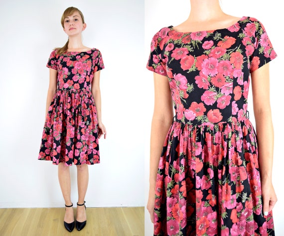 Vintage 1950s Pink and Black Floral Dress XS/S //… - image 1