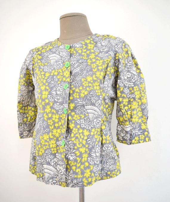 Vintage Yellow Gray 40s Half Sleeve Blouse with G… - image 2
