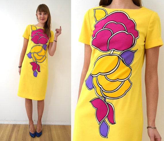 Vintage MOD Applique Yellow Dress XS/S // 1960s 1… - image 1