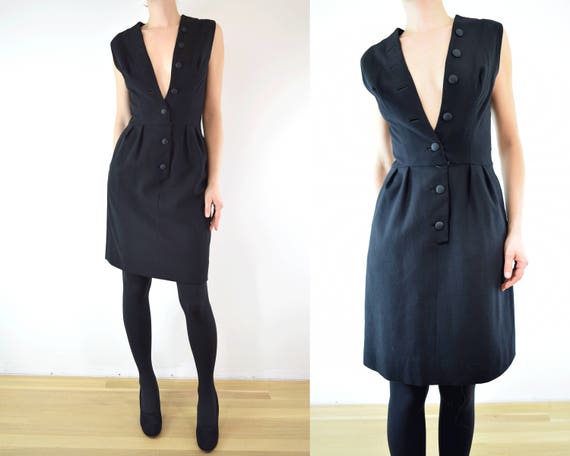 Vintage 1950s Sexy Wool Dress w Pockets S // blac… - image 1