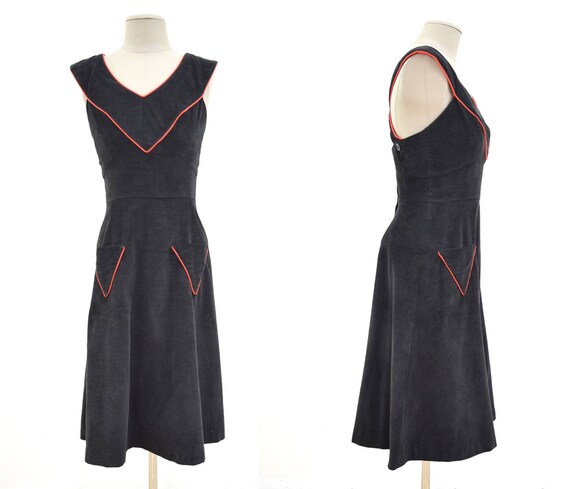 Vintage Black Corduroy Sun Dress with Red Piping … - image 3