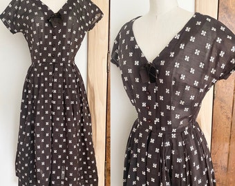 Vintage R&K Originals 1950s Brown Day Dress XS/S extra small // sheer shirt dress
